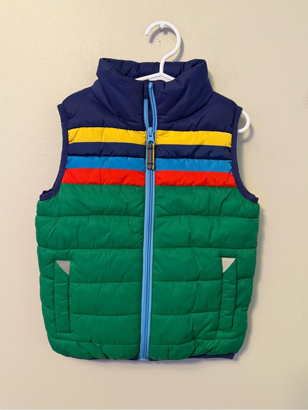 Mini Boden Colorblock Puffer Vest - Green/Navy with Bright Stripe Accents